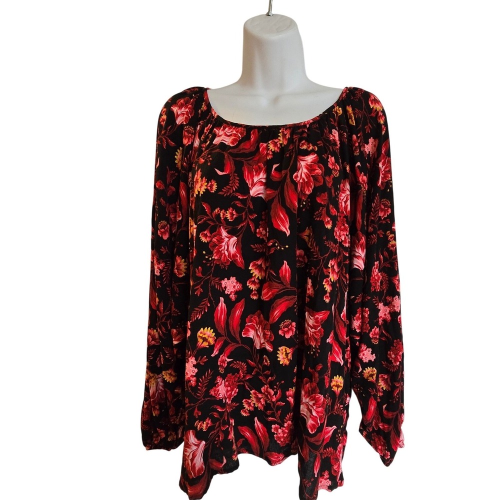 Terra Sky Womens Black Floral Long Sleeve Scoop Neck Top Plus Size‎ 2X /0208